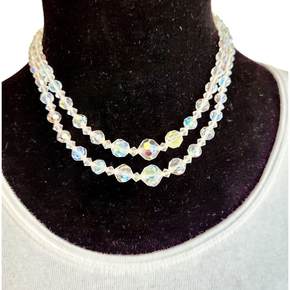 Sarah Coventry 2 Stand Multi Faceted AB Crystal Vintage Necklace Choker 15"